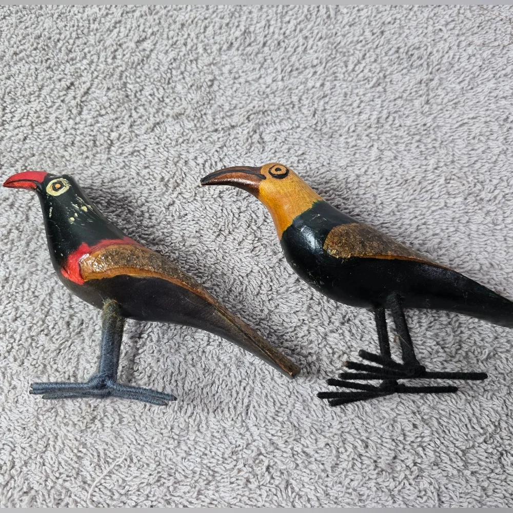 Handcrafted Wooden Bird Figurines - Red, Black, Brown